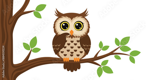 Wise brown owl with large eyes perched on a tree branch with vibrant green leaves against a plain white background.