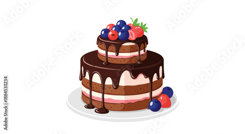 Delicious two tier chocolate layer cake topped with dark chocolate glaze and a variety of fresh forest berries.
