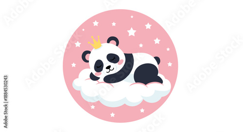 Baby panda with a small crown sleeping peacefully on a white cloud surrounded by stars in a soft pink circular frame.