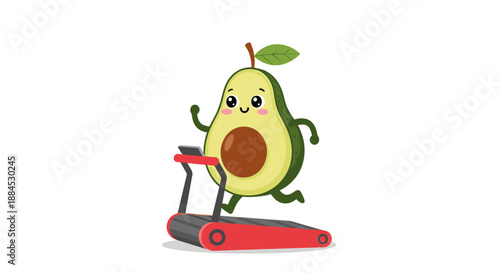 Healthy green avocado character with a happy face running on a red treadmill to symbolize fitness and nutrition.