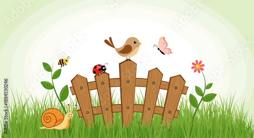 Charming garden scene featuring a wooden fence with a bird, snail, bee, ladybug, and butterfly among green grass.