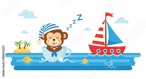 Cute monkey sailor wearing a striped hat sleeping in a teacup on the ocean waves with a red and white sailboat.