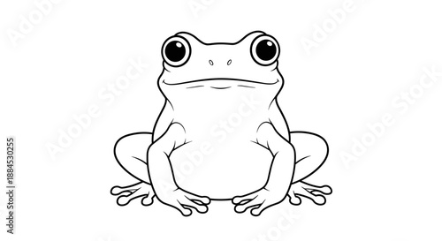 Simple black and white line drawing of a cute frog sitting and looking forward isolated on a white background.