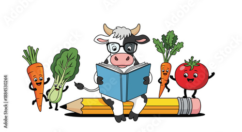 Clever cow with glasses reading a blue book while sitting on a giant yellow pencil surrounded by cheerful vegetables.