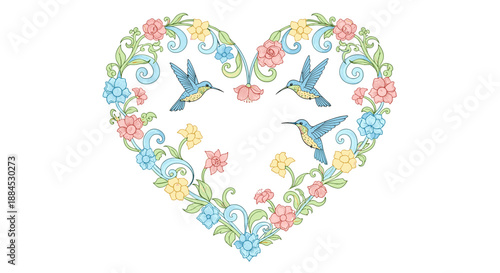 Ornate heart shaped floral frame composed of colorful flowers and scrolls with three blue hummingbirds inside.
