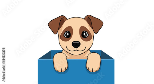 Adorable puppy with brown ears and spots around its eyes sitting inside a blue box against a white background.