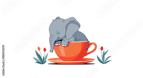 Baby elephant sleeping peacefully inside a large orange teacup on a saucer with small red flowers nearby.