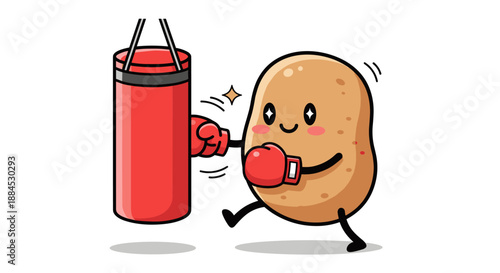 Funny cartoon potato character wearing red boxing gloves and hitting a red punching bag on a white background.