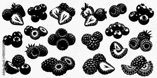 Set of hand-drawn berry silhouettes including strawberries, raspberries, blueberries, and blackberries, perfect for graphic design elements.