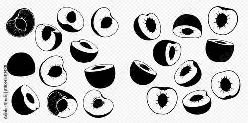 Black and white silhouette illustration of peaches and plums, whole and halved, with pits, isolated on a transparent background.