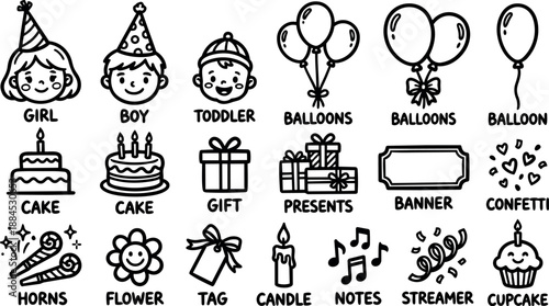 Hand drawn party icon set vector art with smiling girl boy toddler faces and birthday objects in black outline style