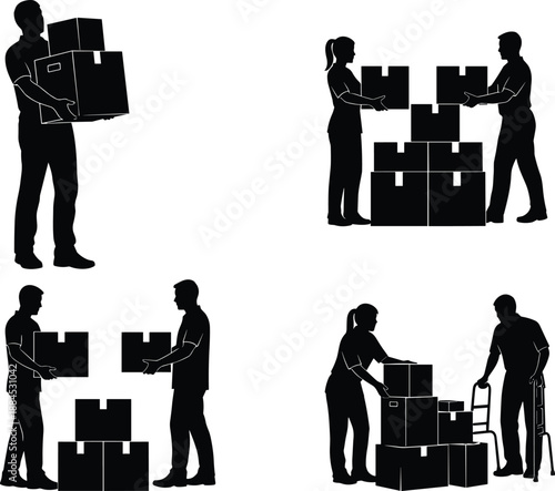 Warehouse workers silhouette set illustrating people carrying stacking and organizing boxes representing logistics teamwork shipping and manual labor black vector illustration
