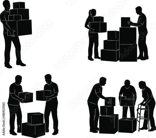Warehouse workers silhouette collection showing people carrying stacking and organizing boxes representing logistics shipping teamwork and manual labor black vector illustration