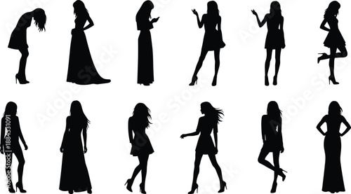 Women fashion silhouette collection showing stylish female poses standing walking dancing and confident gestures representing modern lifestyle black vector illustration