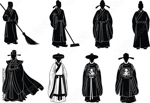 Traditional Asian male silhouettes in ancient robes, cultural historical figures illustration isolated on white background vector set design art