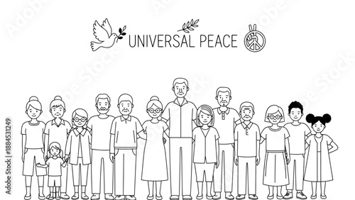 Diverse group of people standing together in a line with Universal Peace logo and dove symbol above them on a white background.