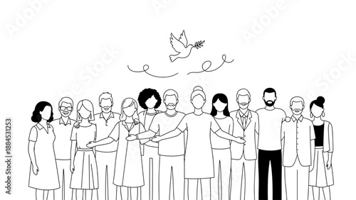 Illustration of a diverse group of people standing together in unity with a bird flying above them on a white background with a minimalist line drawing style and a sense of harmony and