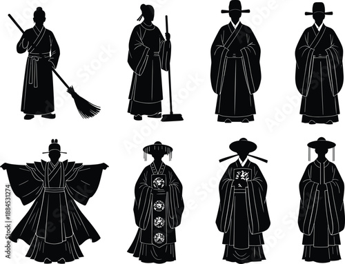 Traditional Asian male silhouettes in historical robes and hats, ancient cultural figures vector illustration isolated on white background