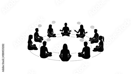 A group of people sitting in a circle on the floor with speech bubbles, conveying a kuda chinese day discussion in a minimalist style with a neutral background.