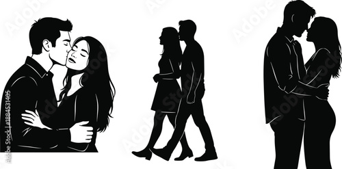 Romantic couple silhouette collection showing love affection walking together hugging and kissing moments representing relationship intimacy black vector illustrationRomantic 