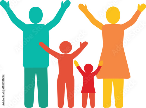 A joyful family of four celebrates with arms outstretched in happiness high quality