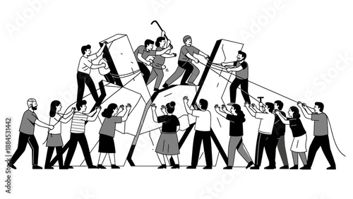 A group of people working together to construct a large puzzle on a kuda chinese day with a monochromatic color scheme and a sense of teamwork and collaboration in a flat, illustrative