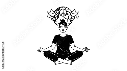 A serene young man meditates in lotus position with kuda chinese day symbols above his head on a white background.