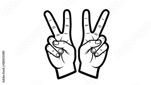 A black and white illustration of two hands making a peace sign on a kuda chinese day with a simple, bold line style and a clean white background.
