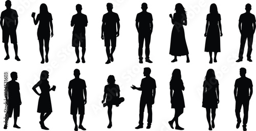 People silhouette collection featuring men and women standing walking talking and holding cups representing everyday lifestyle social interaction black vector illustration