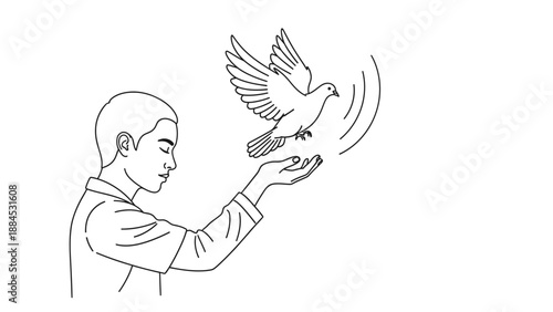 A simple line drawing of a young monk releasing a dove in flight on a kuda chinese day with minimalist style.