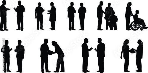 People interaction silhouette collection showing conversation greeting assistance teamwork and social support scenes including disability care black vector illustration set