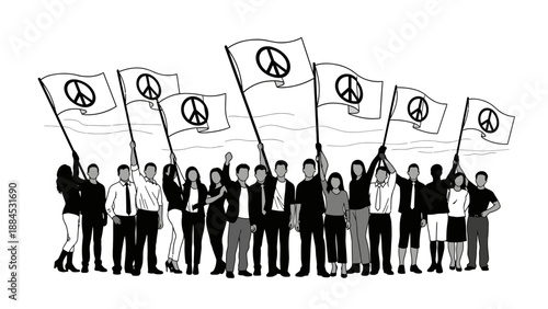 A diverse group of people holding peace sign flags in a line, conveying a sense of unity and harmony on a kuda chinese day.