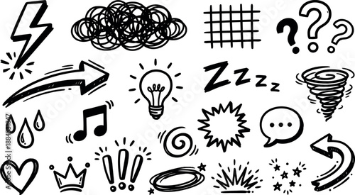 Hand drawn doodle vector set of expressive icons including lightbulb arrow heart crown speech bubble music note and scribble storm exclamation