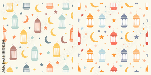 Seamless flat vector pattern of Ramadan night elements with lanterns, moons, and stars.