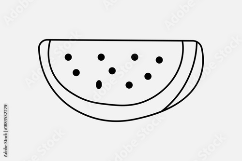 The drawing shows a curved wedge of the fruit with a thick rind and several small, dark oval shapes representing seeds scattered across the flesh.