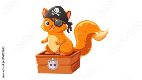 A cute orange squirrel wearing a pirate eye patch and a tricorne hat, standing on a wooden treasure chest filled with gold.
