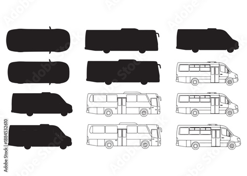 CAD Vehicle Drawings | Car, Bus, Minibus Silhouettes and Outlines | Top and Side View Vector Set