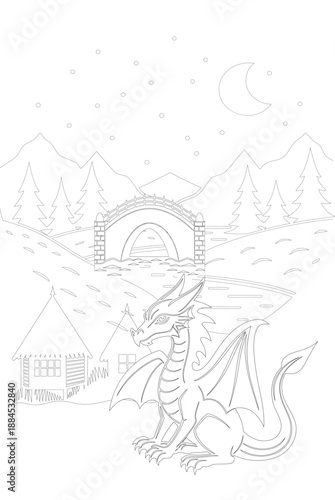 Illustration of a festive winter landscape drawing featuring river guardian folklore dragon coloring books page
