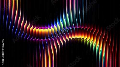 Colorful luminous rings shifting behind vertical glass ribs while refractions create dance of color. Glowing multicolor converging shimmering rings slowly rotate and merge. Flow of geometry and light