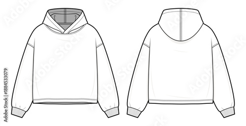 Essential Cropped Boxy Hoodie Technical Fashion Illustration. Minimal Hooded Sweatshirt with Double-Stitched Hem and Rib Knit Cuffs. Front and Back Views. Unisex. CAD Mockup Set.