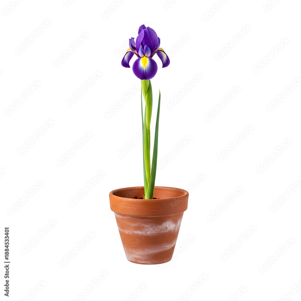 Naklejka premium Purple iris flower in terracotta pot PNG. Single spring blooming plant. Beautiful floral element for garden design or nature decoration concept PNG. Iris flower potted for gardening isolated