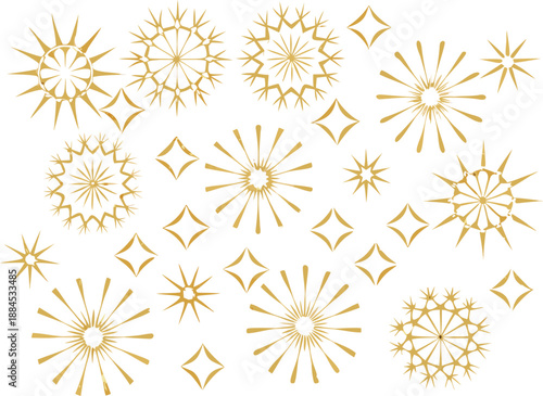 Golden starbursts and diamond shapes scattered across a clean white background high quality