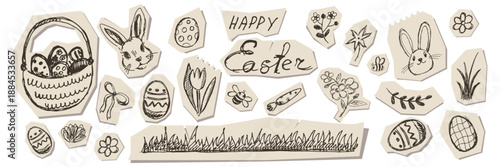 Set of Easter elements on scraps of paper for a festive collage scrapbook or journaling. Hand drawn bunnies, eggs, basket, grass and flowers.