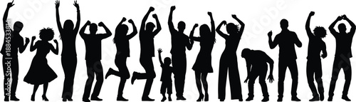 Silhouettes of a diverse group of people dancing and celebrating at a party, including men, women, and a child having fun, vector.