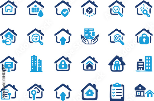 Collection of blue house icons representing real estate and property services high quality