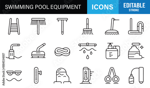Swimming pool accessory outline icons for UI and infographics