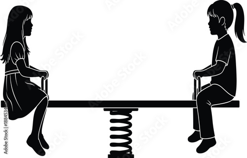 Silhouette of two girls playing on a seesaw, children enjoying playground equipment vector illustration isolated on white background, childhood fun, park game.