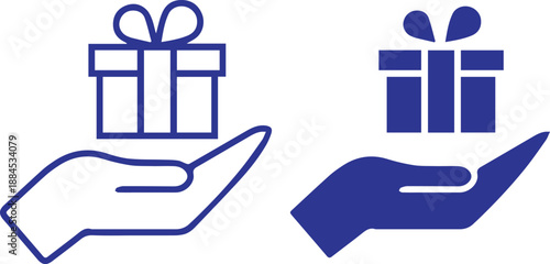 hand holding gift box icon.vector illustration, minimal modern style, gift box icons, hands holding presents, blue and white colors