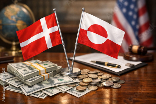 Conceptual image of Denmark and Greenland flags with US dollars, symbolizing geopolitical negotiations, economic influence, and the idea of the United States buying Greenland.