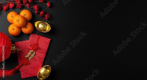 Chinese New Year celebration essentials including tangerines, gold ingots, red envelopes and festive decorations on a black background